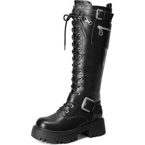 Women's Leather Black Combat Platform Knee High Lace Up Boots Motorcycle Boots